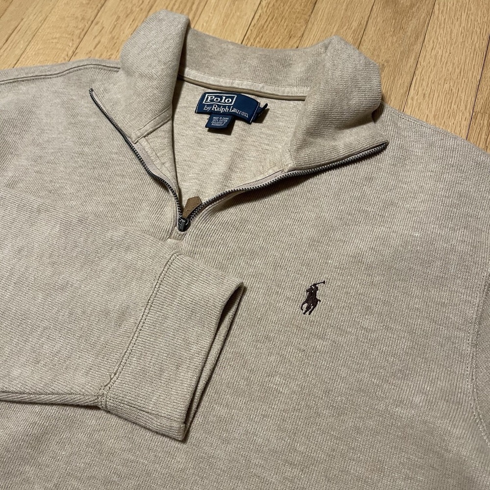 Polo Ralph Lauren Sweater Mens XL Beige Oatmeal Quarter Zip Pullover Mock Neck